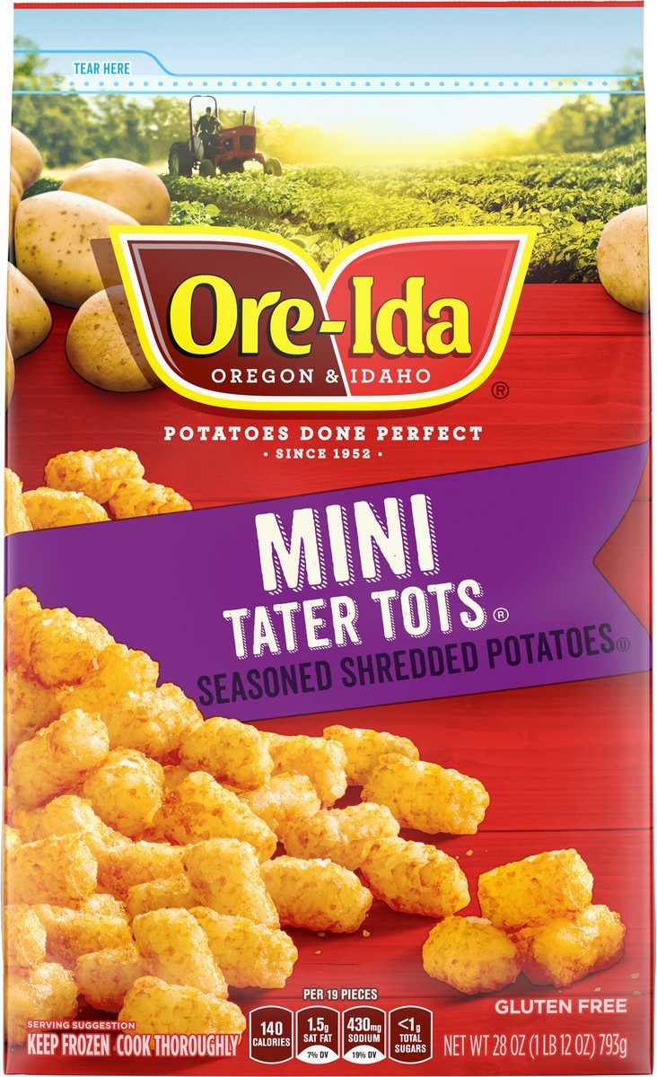 slide 6 of 9, Ore-Ida Mini Tater Tots Seasoned Shredded Frozen Potatoes, 28 oz Bag, 28 oz