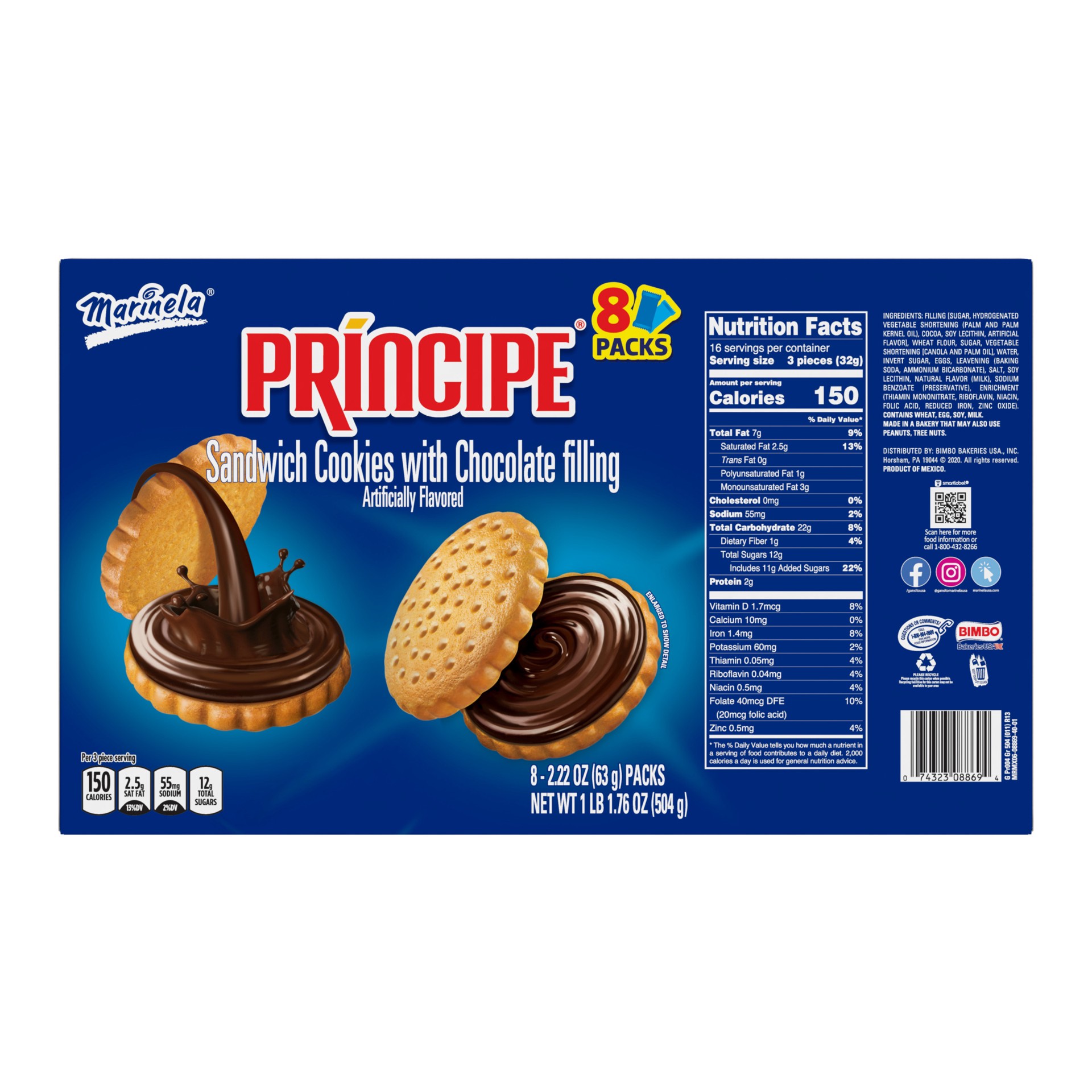 slide 5 of 5, Marinela Principe Chocolate Filled Sandwich Cookies, 8 count, Cookies, 17.76 oz Box, 8 ct