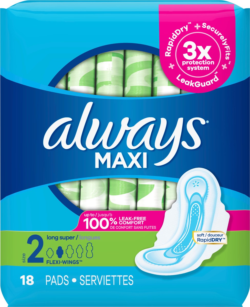 slide 2 of 2, Always Maxi Feminine Pads with Wings for Women, Size 2, Long Super Absorbency, Unscented 18 Count, 18 ct