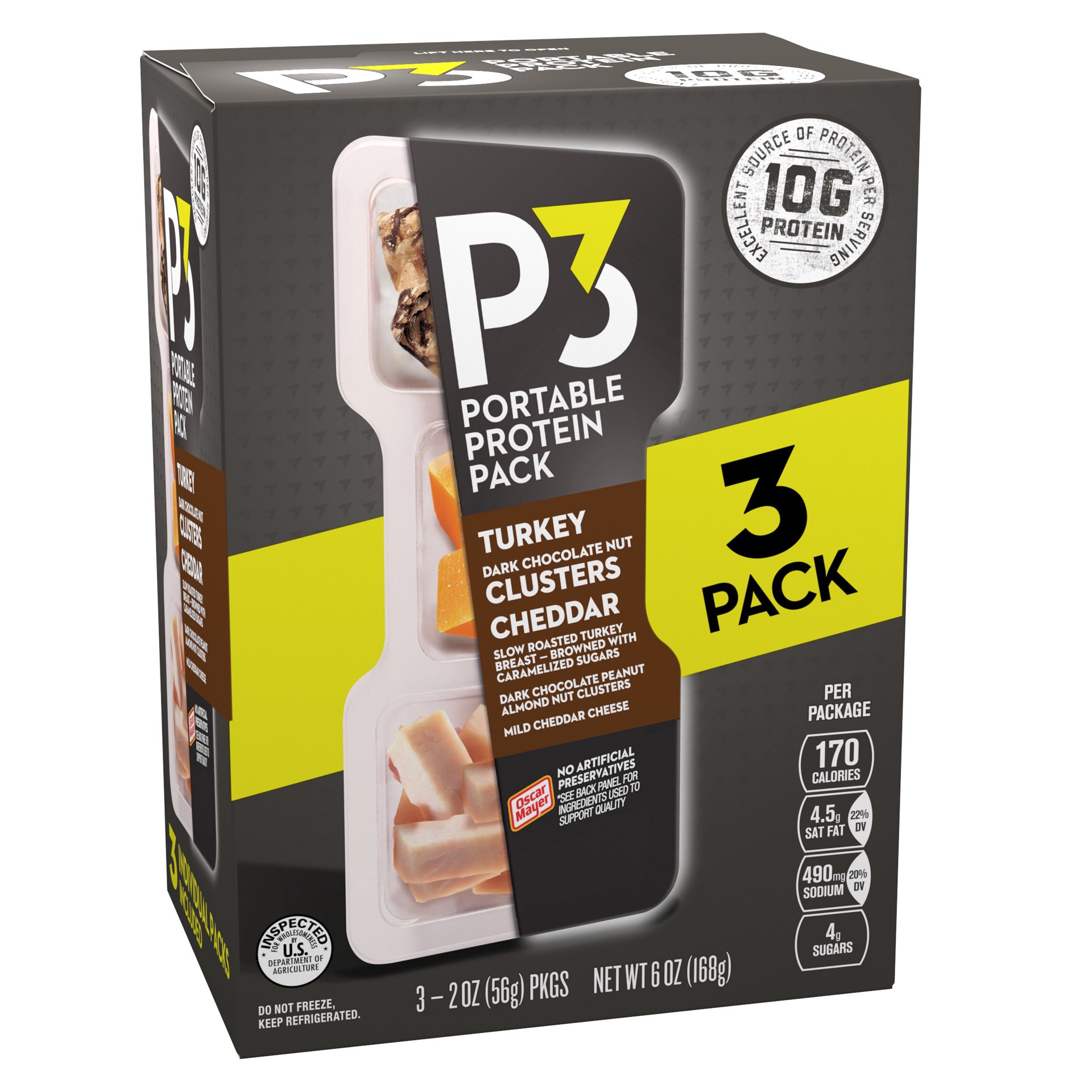 slide 5 of 8, P3 Portable Protein Pack with Turkey, Dark Chocolate Nut Clusters & Cheddar Cheese, 3 ct Pack, 1.8 oz Trays, 6 oz