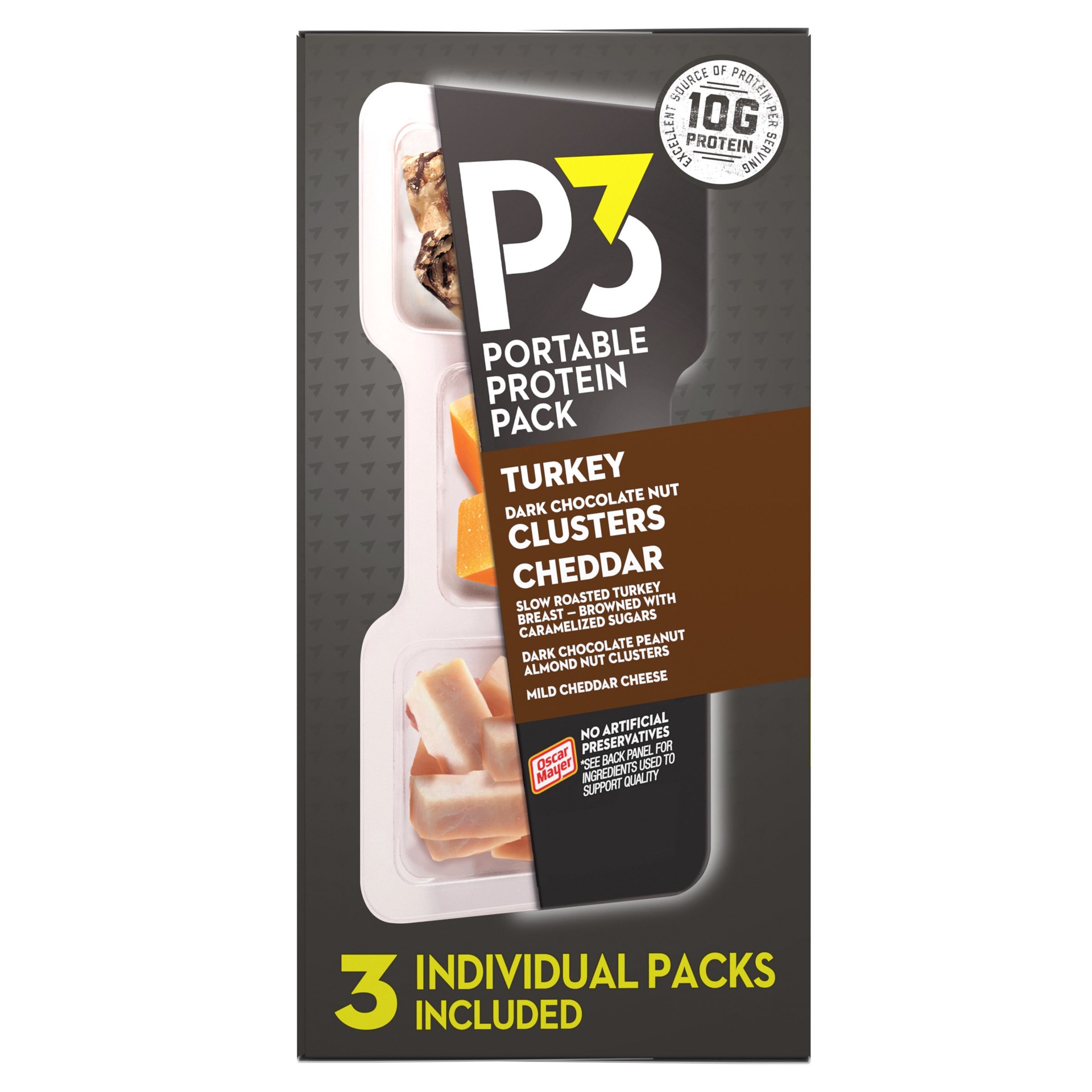 slide 6 of 8, P3 Portable Protein Pack with Turkey, Dark Chocolate Nut Clusters & Cheddar Cheese, 3 ct Pack, 1.8 oz Trays, 6 oz