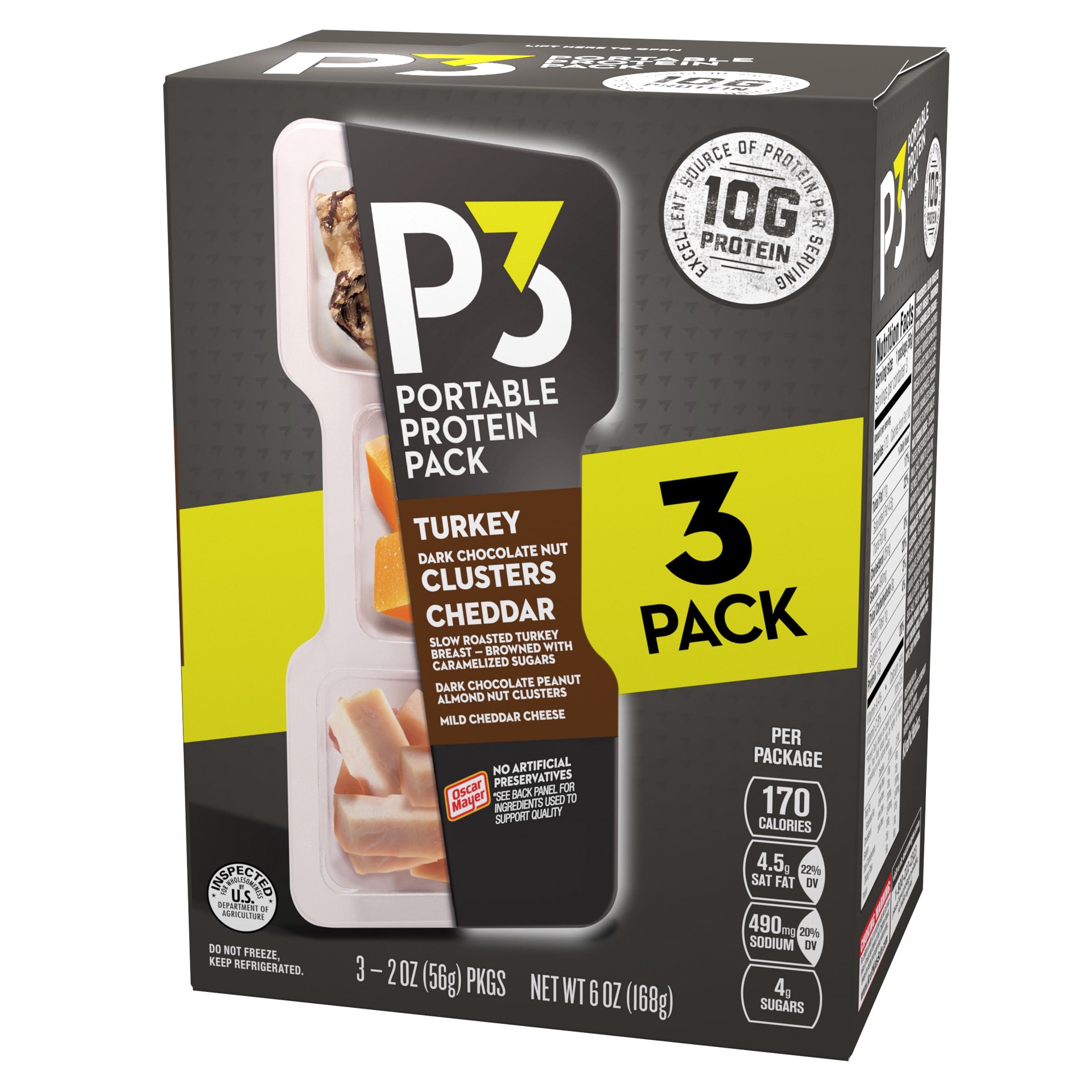 slide 4 of 8, P3 Portable Protein Pack with Turkey, Dark Chocolate Nut Clusters & Cheddar Cheese, 3 ct Pack, 1.8 oz Trays, 6 oz