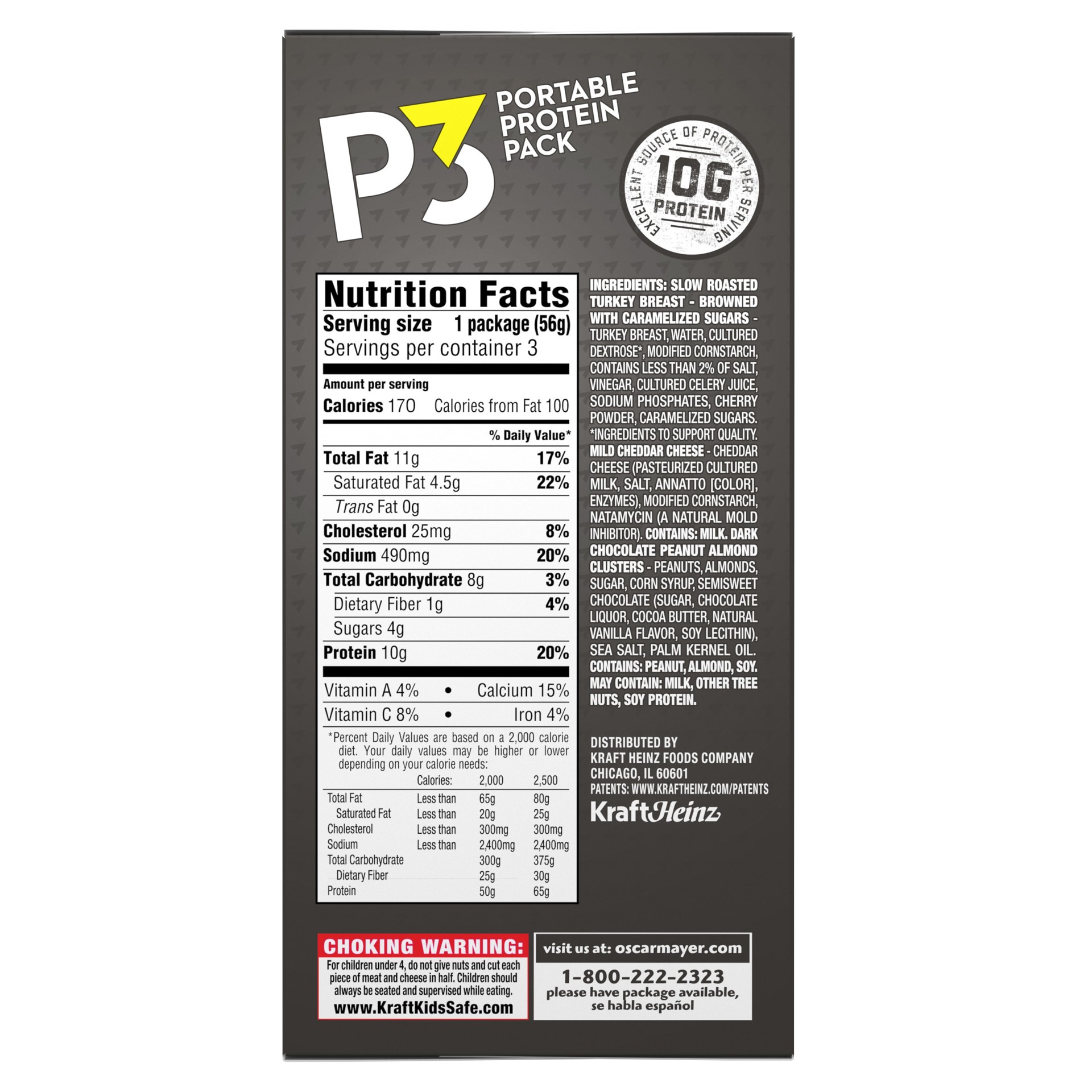 slide 8 of 8, P3 Portable Protein Pack with Turkey, Dark Chocolate Nut Clusters & Cheddar Cheese, 3 ct Pack, 1.8 oz Trays, 6 oz