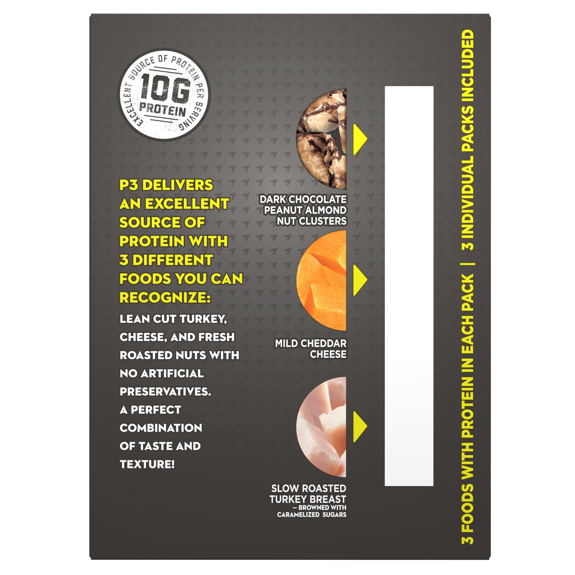 slide 7 of 8, P3 Portable Protein Pack with Turkey, Dark Chocolate Nut Clusters & Cheddar Cheese, 3 ct Pack, 1.8 oz Trays, 6 oz