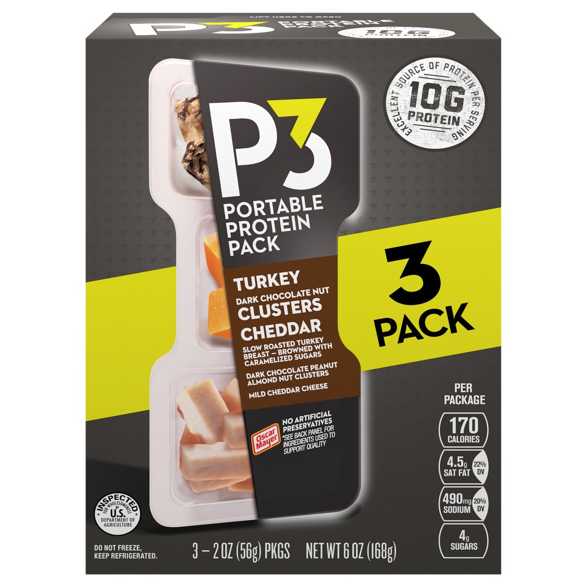 slide 1 of 8, P3 Portable Protein Pack with Turkey, Dark Chocolate Nut Clusters & Cheddar Cheese, 3 ct Pack, 1.8 oz Trays, 6 oz