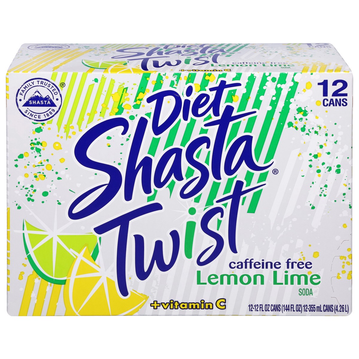 slide 1 of 9, Shasta Twist Caffeine Free Diet + Vitamin C Lemon Lime Soda 12 - 12 fl oz Cans, 12 ct; 12 fl oz