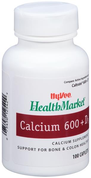 slide 1 of 1, Hy-Vee HealthMarket Calcium 600 + D3 Calcium Supplement Caplets, 100 ct