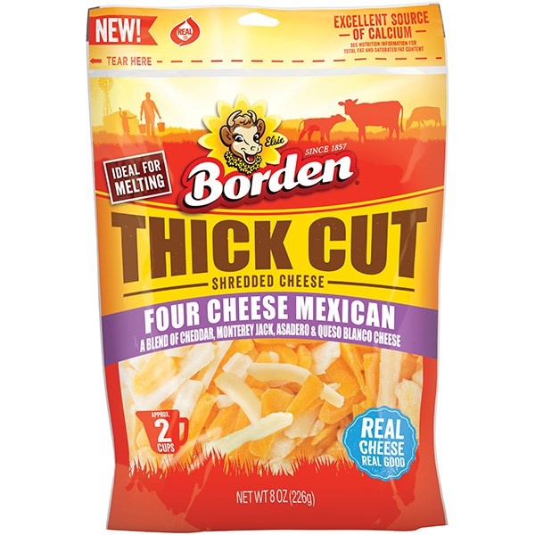 slide 1 of 1, Borden Thick Shredded Mex 4 Cheese, 8 oz
