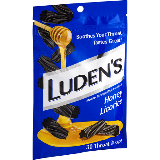 slide 11 of 15, Luden's Sore Throat Drops, For Minor Sore Throat Relief, Honey Licorice, 30 Count, 30 ct