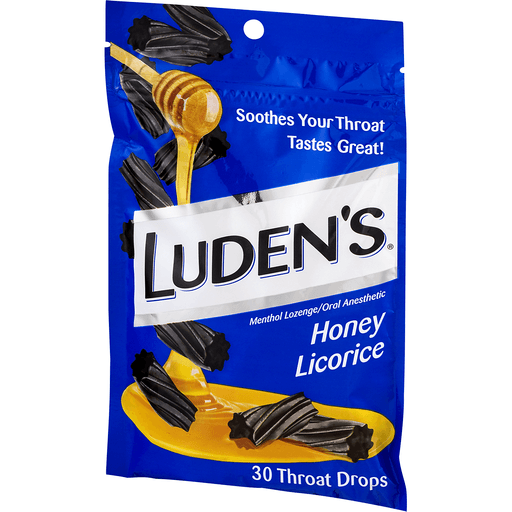 slide 4 of 15, Luden's Sore Throat Drops, For Minor Sore Throat Relief, Honey Licorice, 30 Count, 30 ct