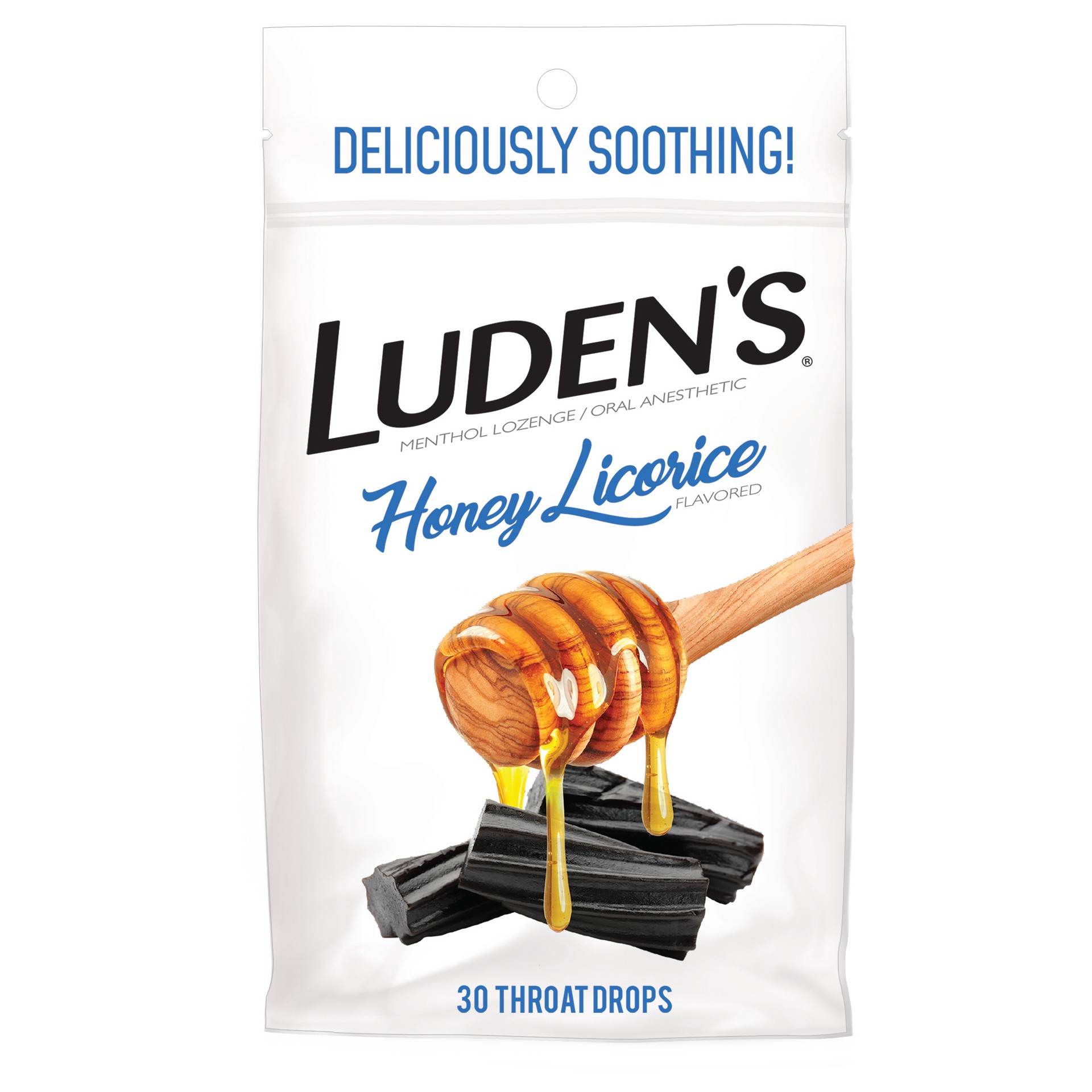 slide 1 of 15, Luden's Sore Throat Drops, For Minor Sore Throat Relief, Honey Licorice, 30 Count, 30 ct