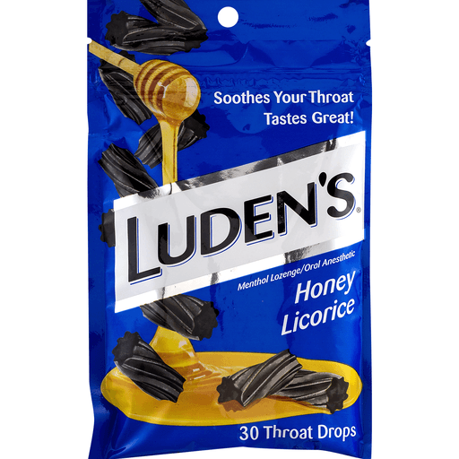 slide 8 of 15, Luden's Sore Throat Drops, For Minor Sore Throat Relief, Honey Licorice, 30 Count, 30 ct