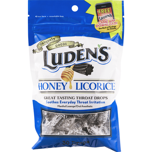 slide 14 of 15, Luden's Sore Throat Drops, For Minor Sore Throat Relief, Honey Licorice, 30 Count, 30 ct