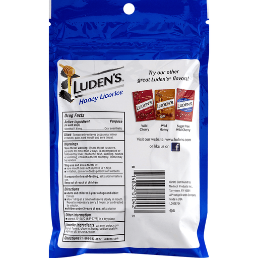 slide 10 of 15, Luden's Sore Throat Drops, For Minor Sore Throat Relief, Honey Licorice, 30 Count, 30 ct