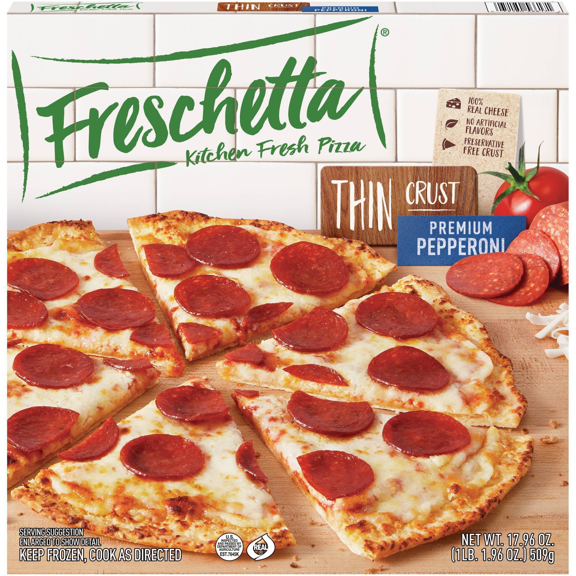 slide 1 of 5, Freschetta Thin Crust Pepperoni Pizza, 17.96 oz