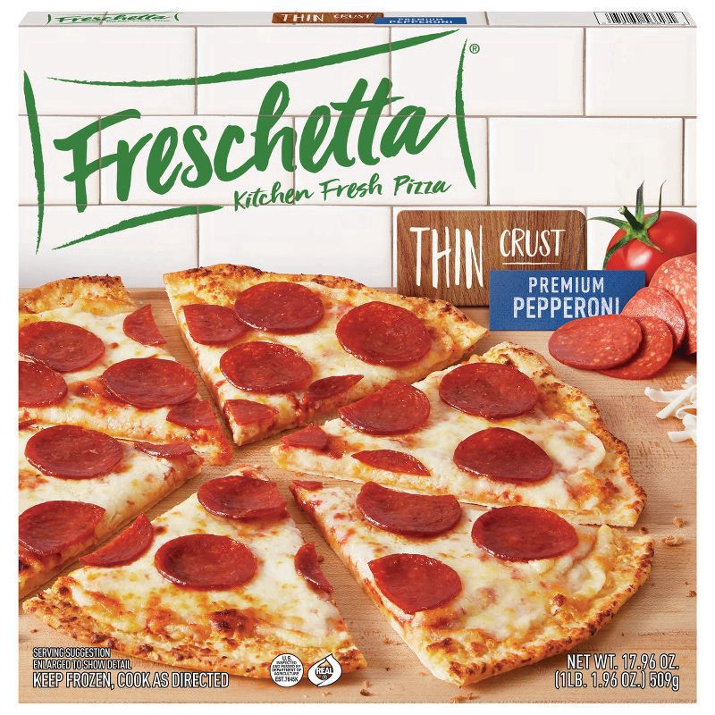 slide 1 of 8, Freschetta Pepperoni Thin Crust Frozen Pizza, 17.97 oz