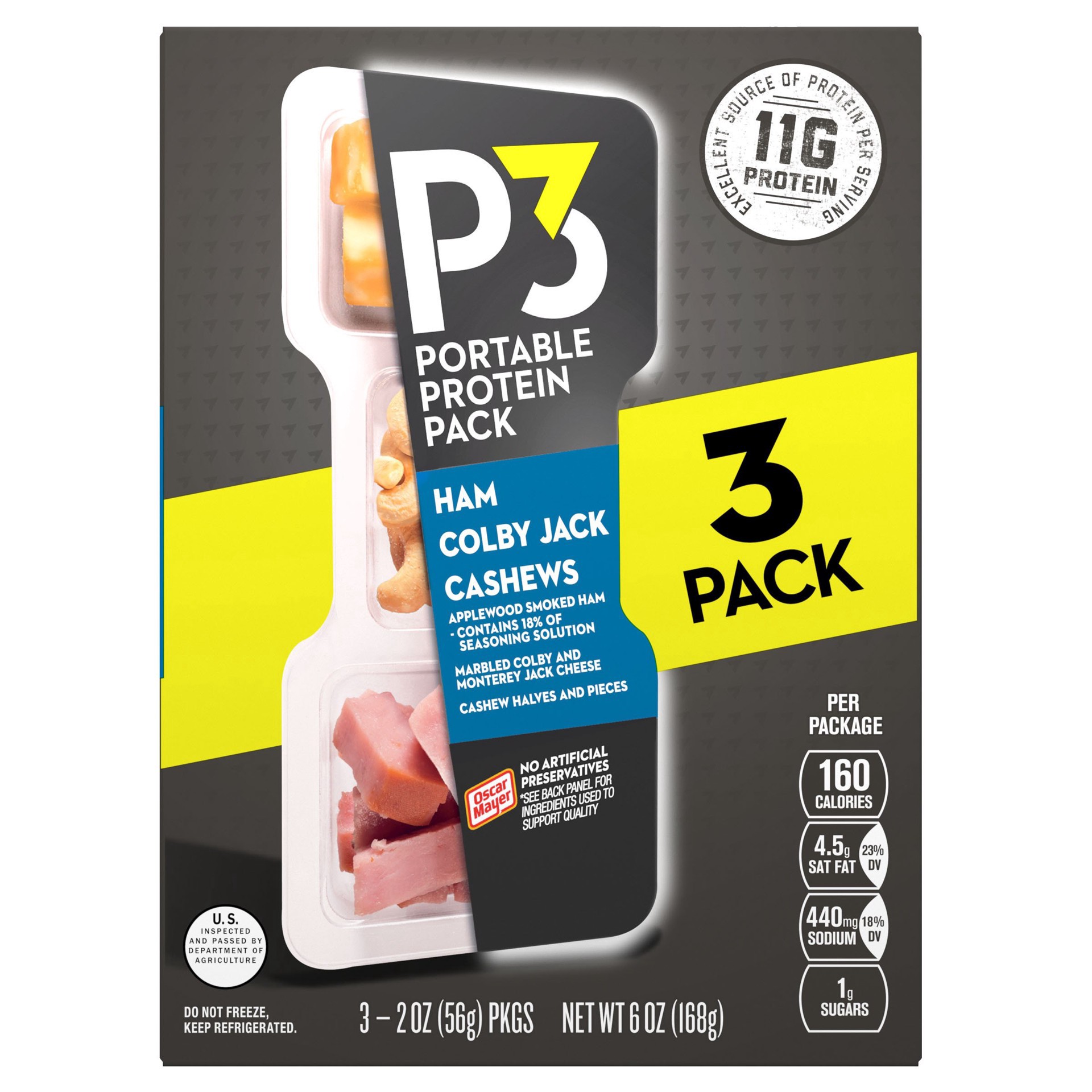 slide 1 of 1, P3 Portable Protein Pack with Ham, Colby Jack & Cashews, 3 ct Pack, 2 oz Trays, 6 oz