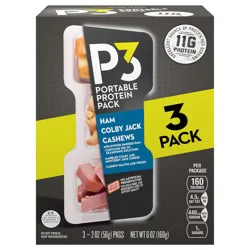 P3 Portable Protein Pack with Ham, Colby Jack & Cashews, 3 ct Pack, 2 oz Trays