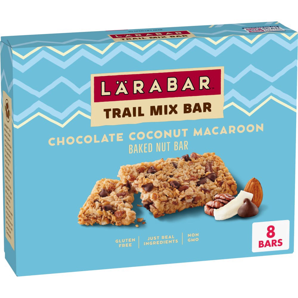 slide 1 of 6, LÄRABAR Trail Mix Bars, Chocolate Coconut Macaroon, Gluten Free Baked Nut Bar, 8 Count, 8.48 oz, 8 ct