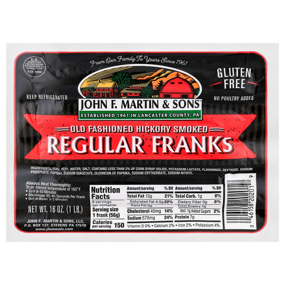 slide 1 of 12, John F. Martin & Sons Gluten Free Regular Old Fashioned Hickory Smoked Franks 16 oz, 16 oz