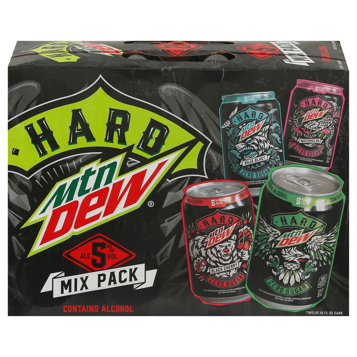 slide 2 of 9, Mountain Dew Hard Mountain Dew Classic Variety Pack, 5% ABV (12 fl. oz. Can, 12pk.), 12 fl oz