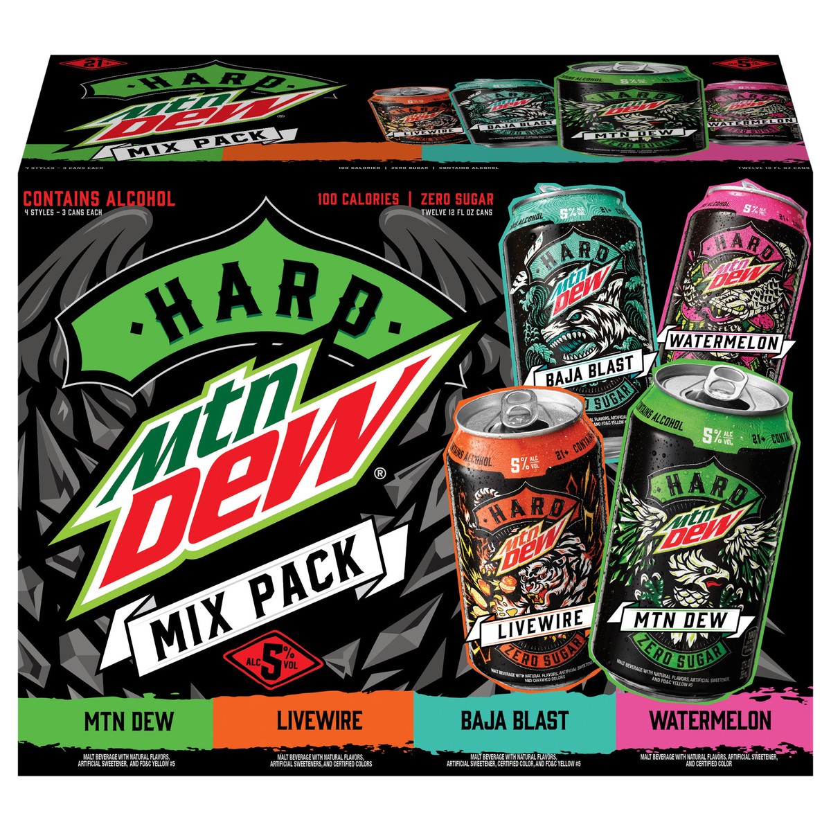 slide 1 of 9, Mountain Dew Hard Mountain Dew Classic Variety Pack, 5% ABV (12 fl. oz. Can, 12pk.), 12 fl oz