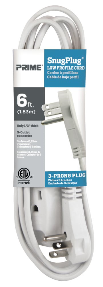 slide 1 of 1, Prime Wire & Cable Prime Snug Plug 3-Outlet Low-Profile Extension Cord - White, 6 ft