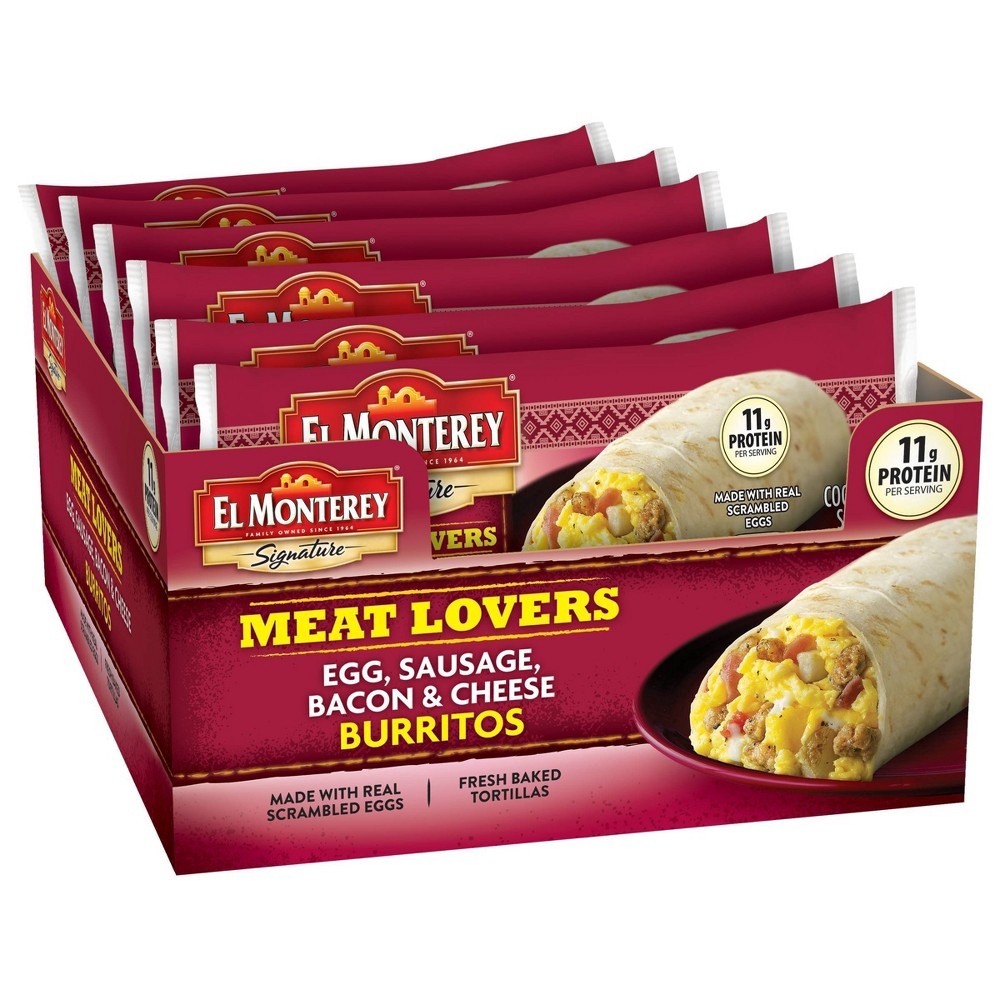 slide 3 of 3, El Monterey Meat Lovers Egg Sausage Bacon and Cheese Frozen Breakfast Burrito, 4.5 oz