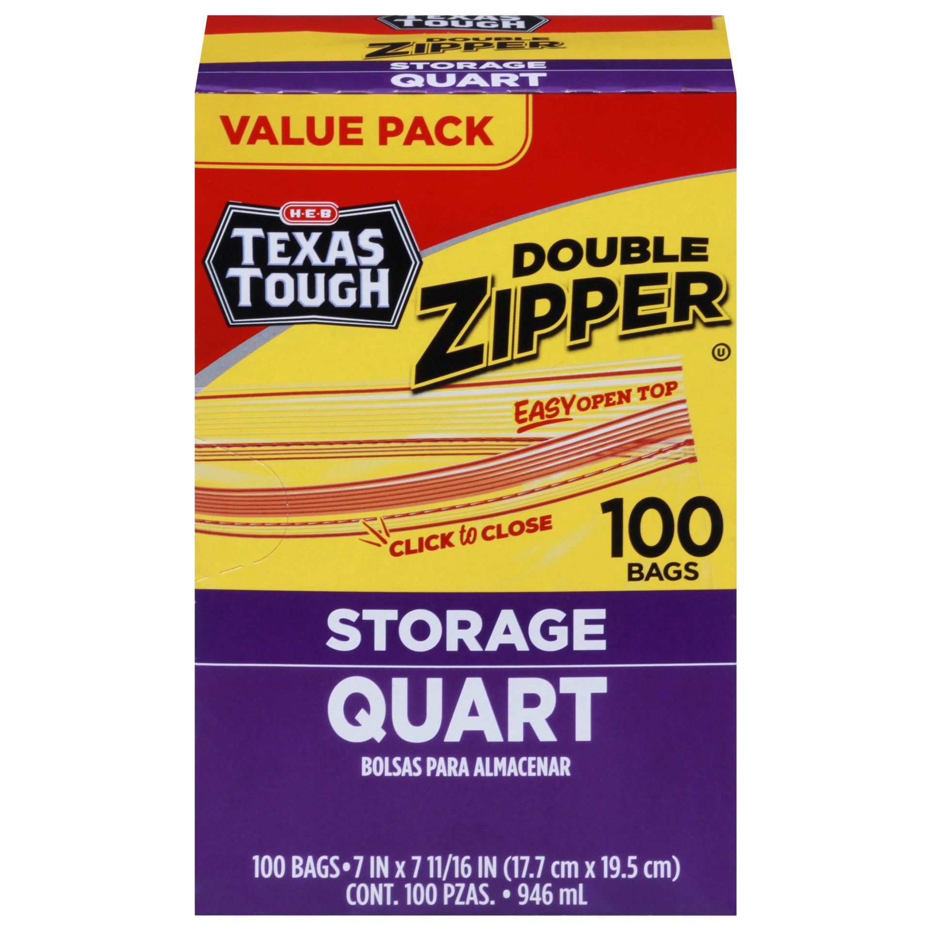 slide 1 of 1, H-E-B Texas Tough Double Zipper Quart Storage Bags, 100 ct