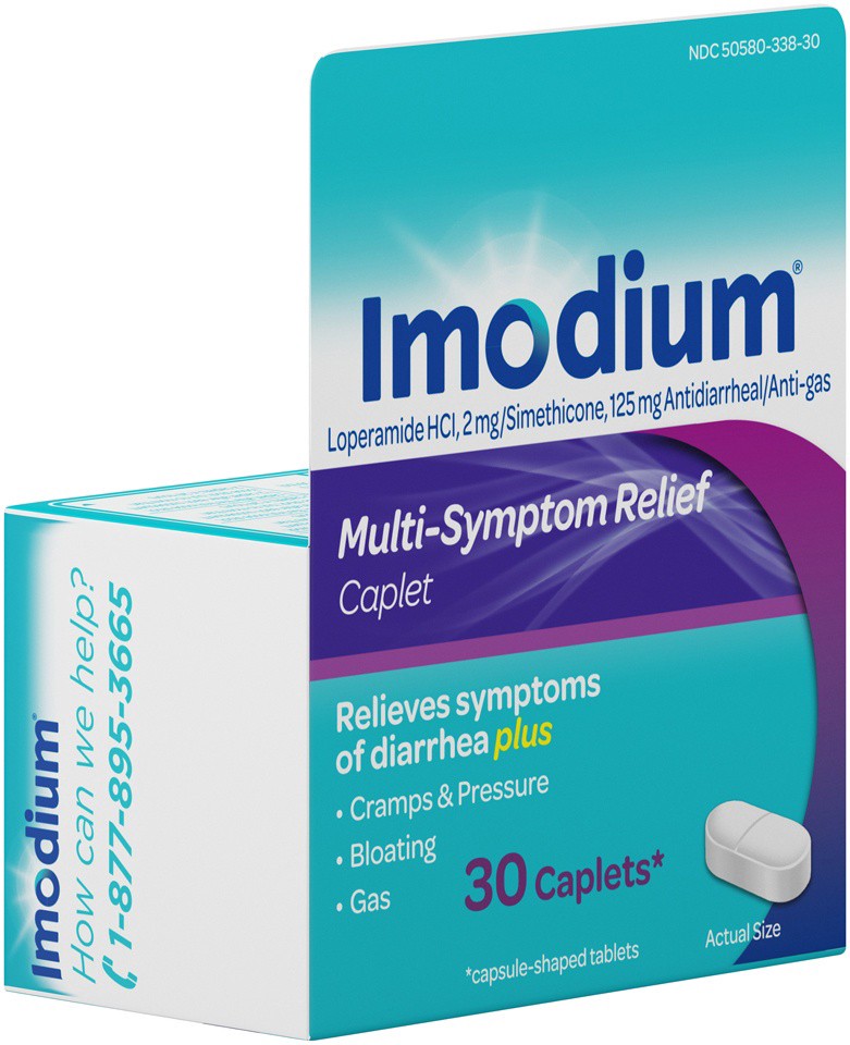 slide 2 of 6, Imodium Multi-Symptom Relief Caplets with Loperamide Hydrochloride and Simethicone, Anti-Diarrheal Medicine for Treatment of Diarrhea, Gas, Bloating, Cramps & Pressure, 30 ct