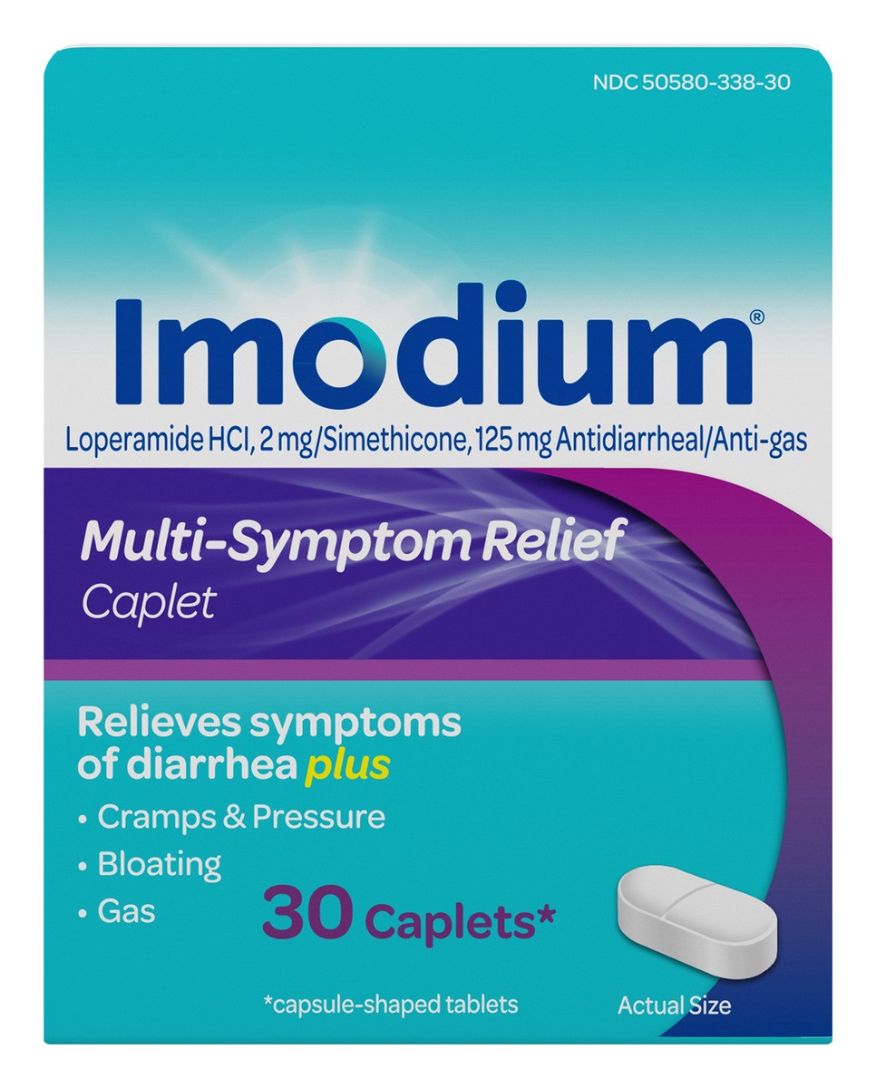 slide 1 of 6, Imodium Multi-Symptom Relief Caplets with Loperamide Hydrochloride and Simethicone, Anti-Diarrheal Medicine for Treatment of Diarrhea, Gas, Bloating, Cramps & Pressure, 30 ct