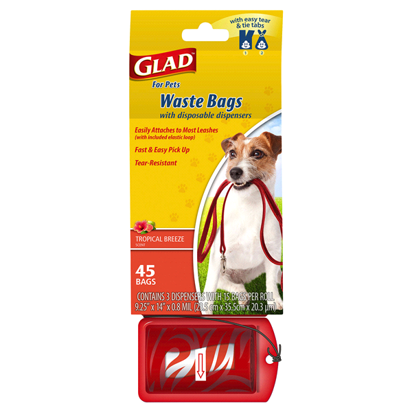 slide 1 of 1, Glad Pet Waste Bags with Disposable Dispenser, Tropical Breeze, 3 ct