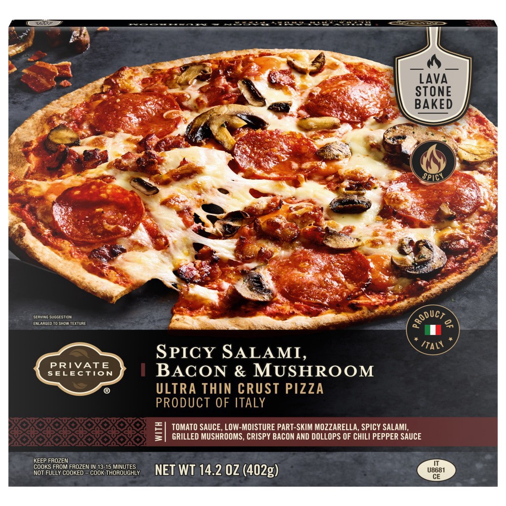 slide 2 of 2, Private Selection Spicy Salami Bacon & Mushroom Ultra Thin Crust Pizza, 14.2 oz