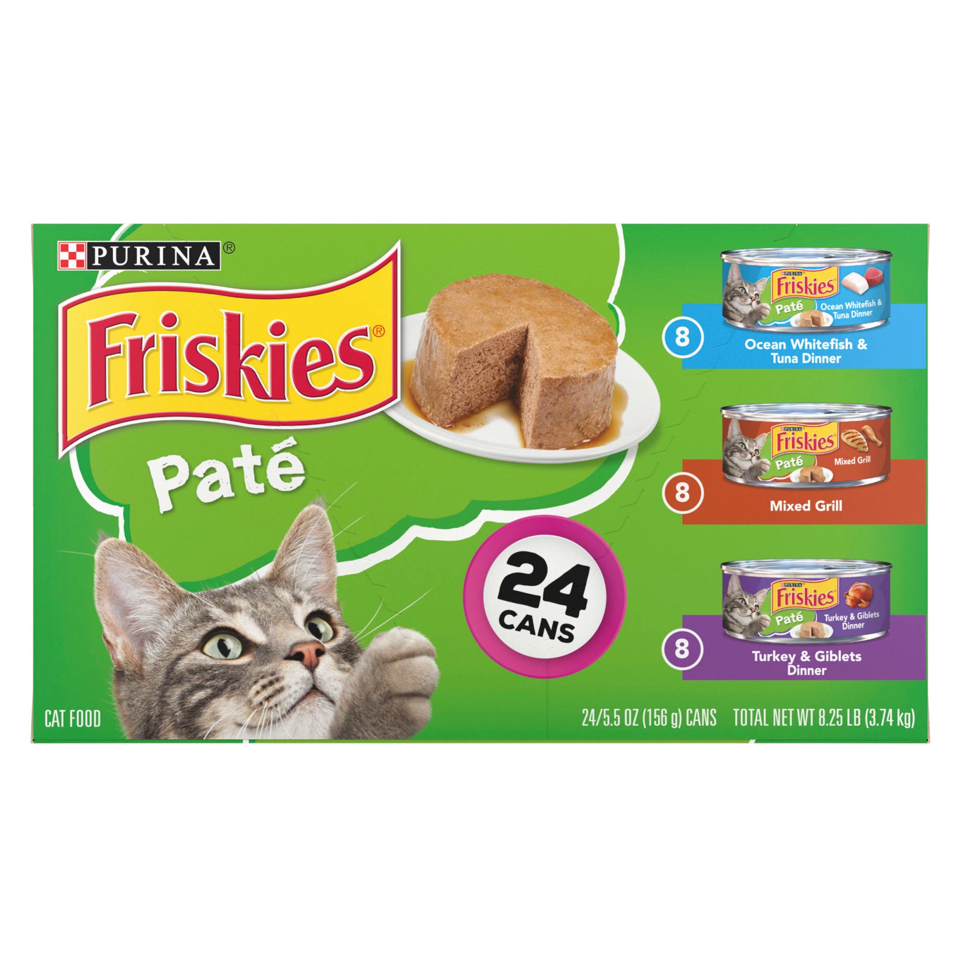 slide 1 of 7, Friskies Purina Friskies Wet Cat Food Pate Variety Pack, Ocean Whitefish and Tuna, Mixed Grill and Turkey and Giblets Dinners - (24) 5.5 oz. Cans, 24 ct