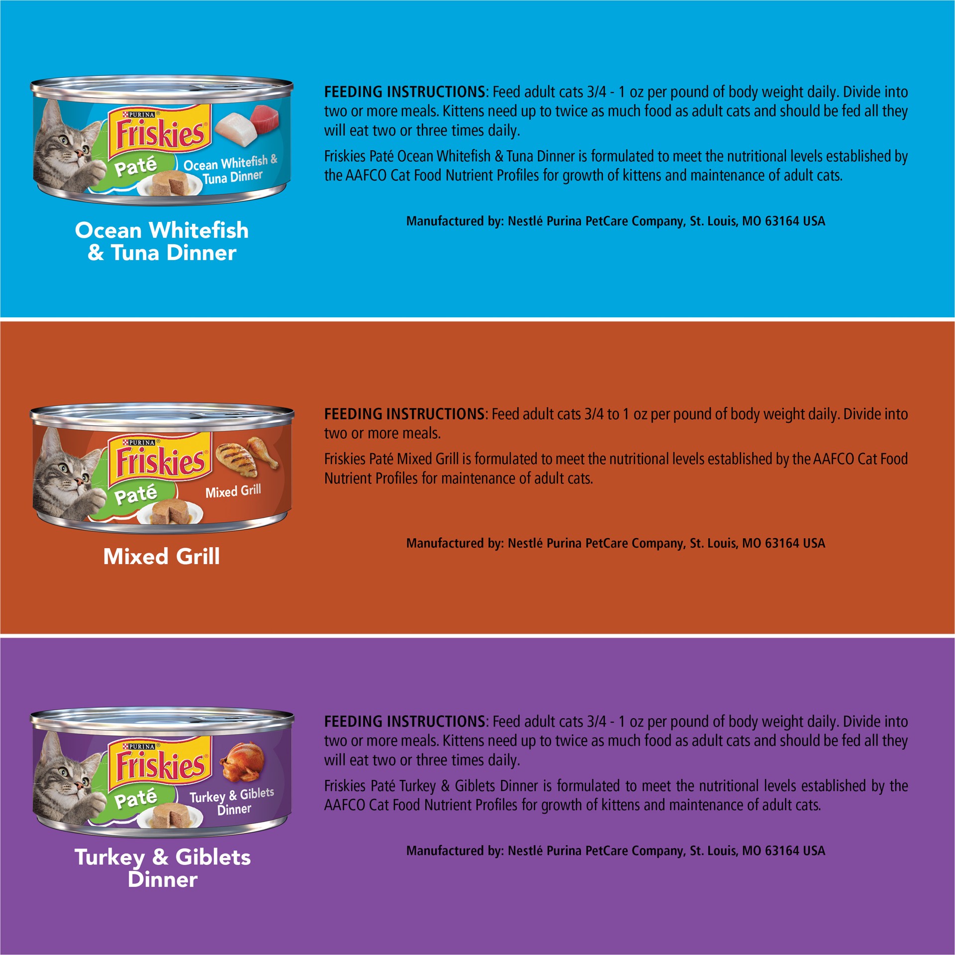 slide 4 of 7, Purina Friskies Paté Wet Cat Food Fish, Tuna, Mixed Grill & Turkey - 5.5oz/24ct Variety Pack, 8.25 lb