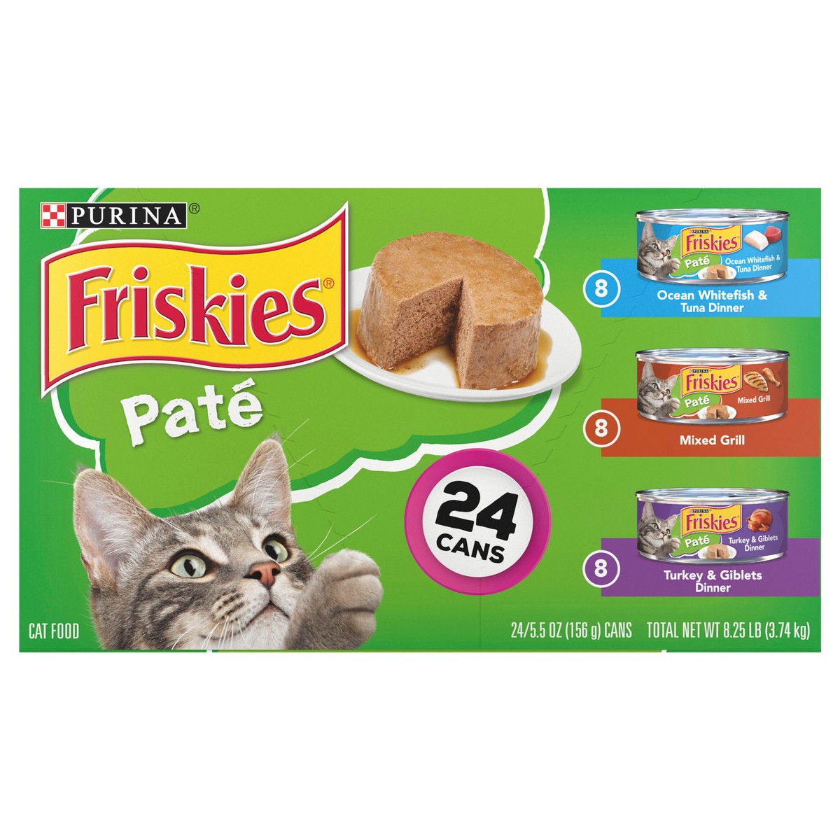 slide 1 of 7, Purina Friskies Paté Wet Cat Food Fish, Tuna, Mixed Grill & Turkey - 5.5oz/24ct Variety Pack, 8.25 lb