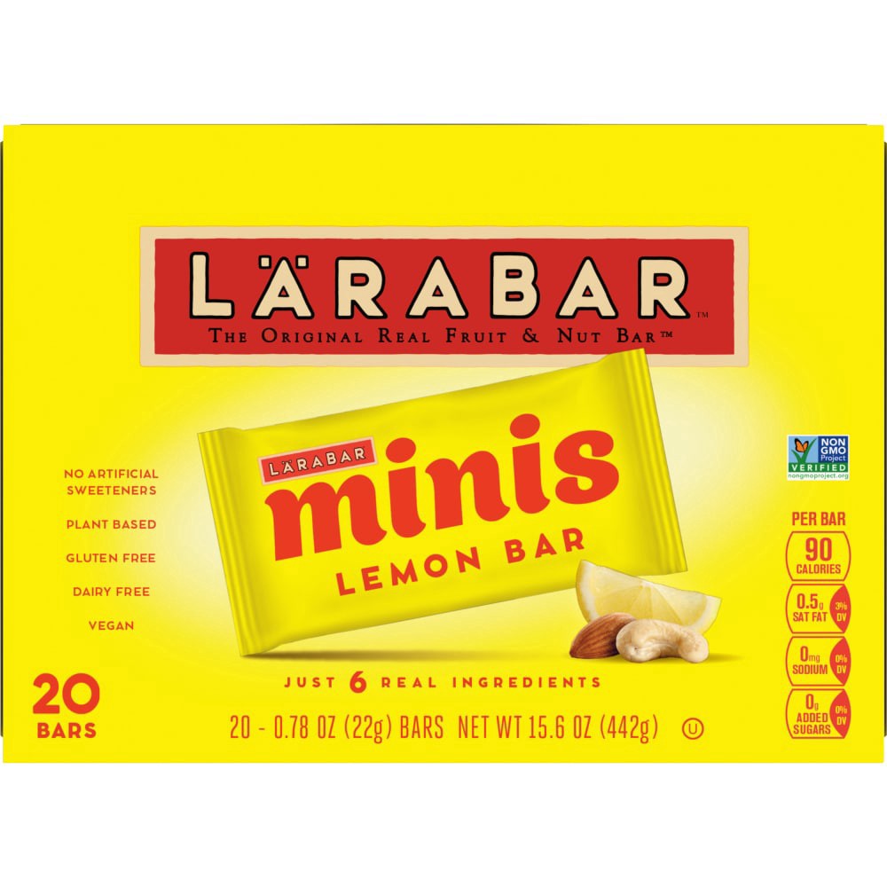 slide 4 of 6, LÄRABAR Minis, Lemon Bar, Vegan and Gluten Free Snacks, 20 Mini Bars, 15.6 oz, 20 ct