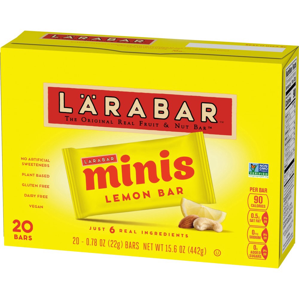 slide 3 of 6, LÄRABAR Minis, Lemon Bar, Vegan and Gluten Free Snacks, 20 Mini Bars, 15.6 oz, 20 ct