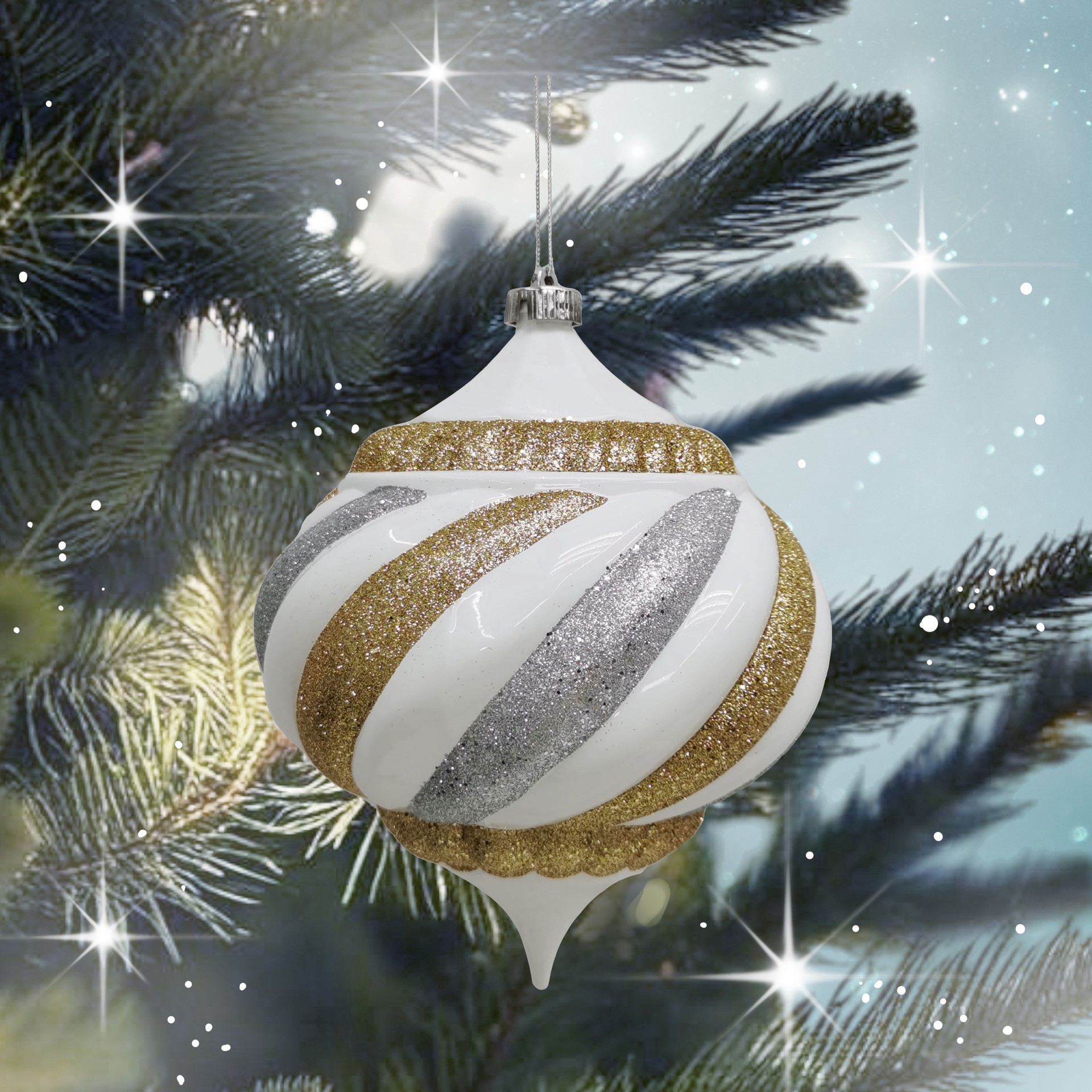 slide 3 of 3, 10" White, Silver & Gold Glitter Stripes Onion Ornament By Ashland, 10 in