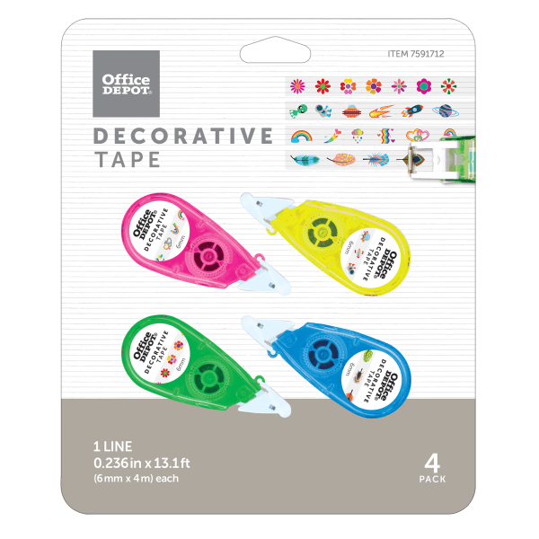 slide 1 of 1, Office Depot Brand Decorative Tape With Dispensers, 0.236'' X 4.36 Yd, Assorted Colors/Designs, Pack Of 4 Rolls, 4 ct