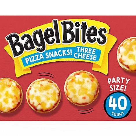slide 1 of 1, Bagel Bites Three Cheese Mini Pizza Bagel Frozen Snacks Box - 40 Count, 40 ct