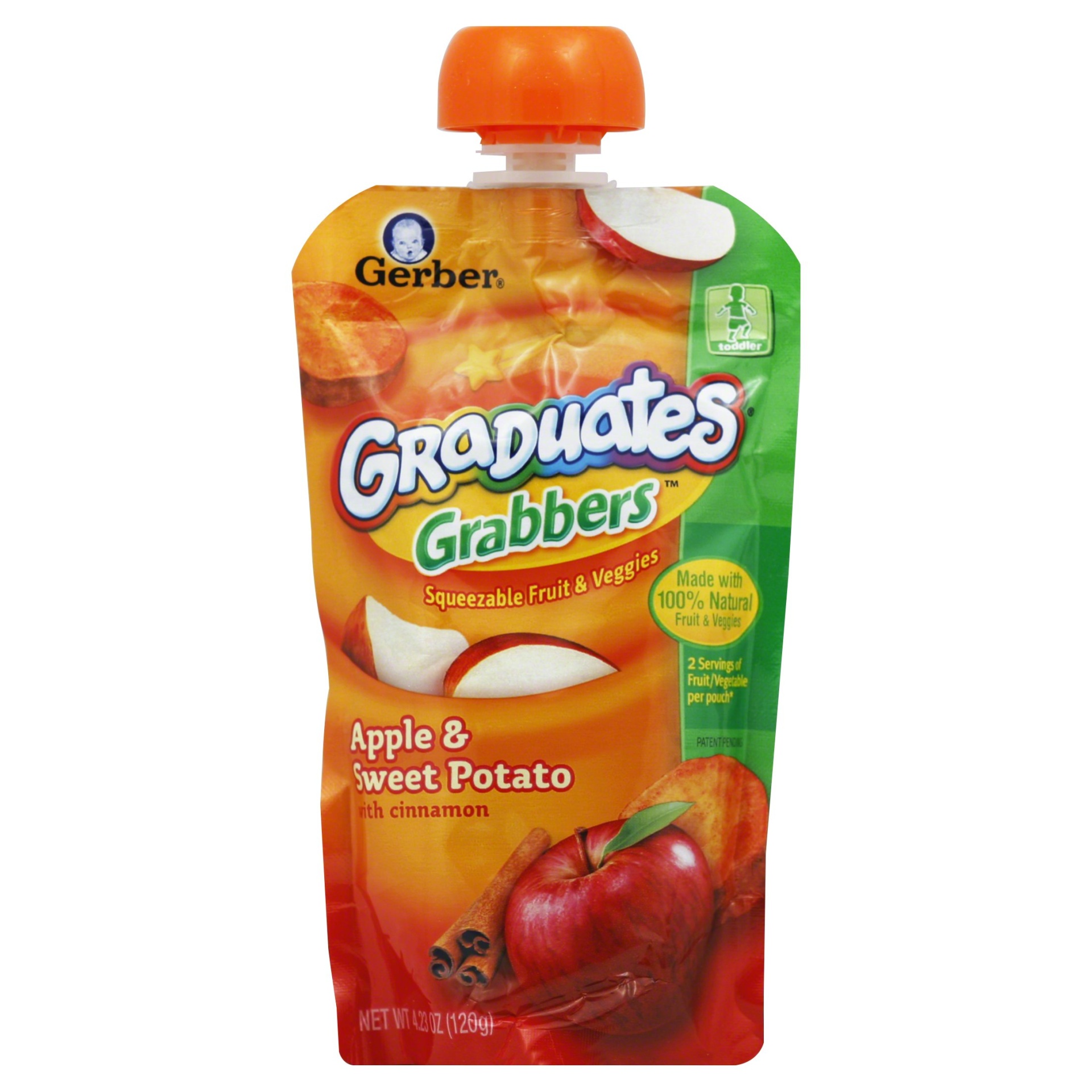 slide 1 of 2, Gerber Grabbers Fruit & Veggies Squeezable Puree Pouch Apple Sweet Potato With Cinnamon, 4.23 oz