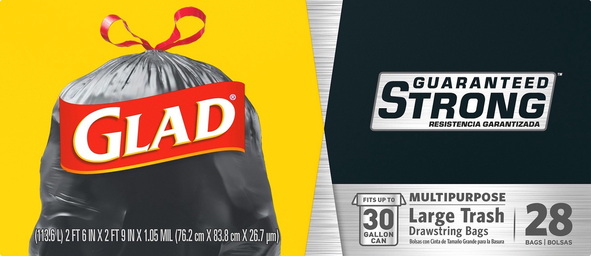 slide 1 of 5, Glad 30 Gallon Large Multipurpose Drawstring Trash Bags 28 ea, 28 ct