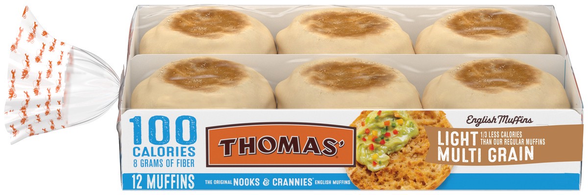 slide 4 of 13, Thomas' Light Multi-Grain English Muffins, 12 count, 24 oz, 12 ct