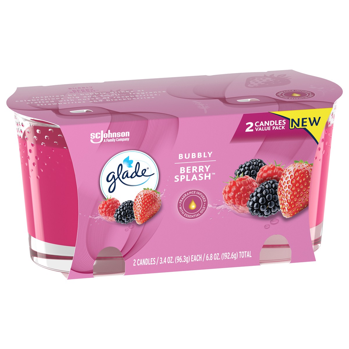 slide 3 of 7, Glade Scented Candle Jar, Bubbly Berry Splash, Fragrance Infused with Essential Oils, 3.4 oz, Pack of 2, 2 ct