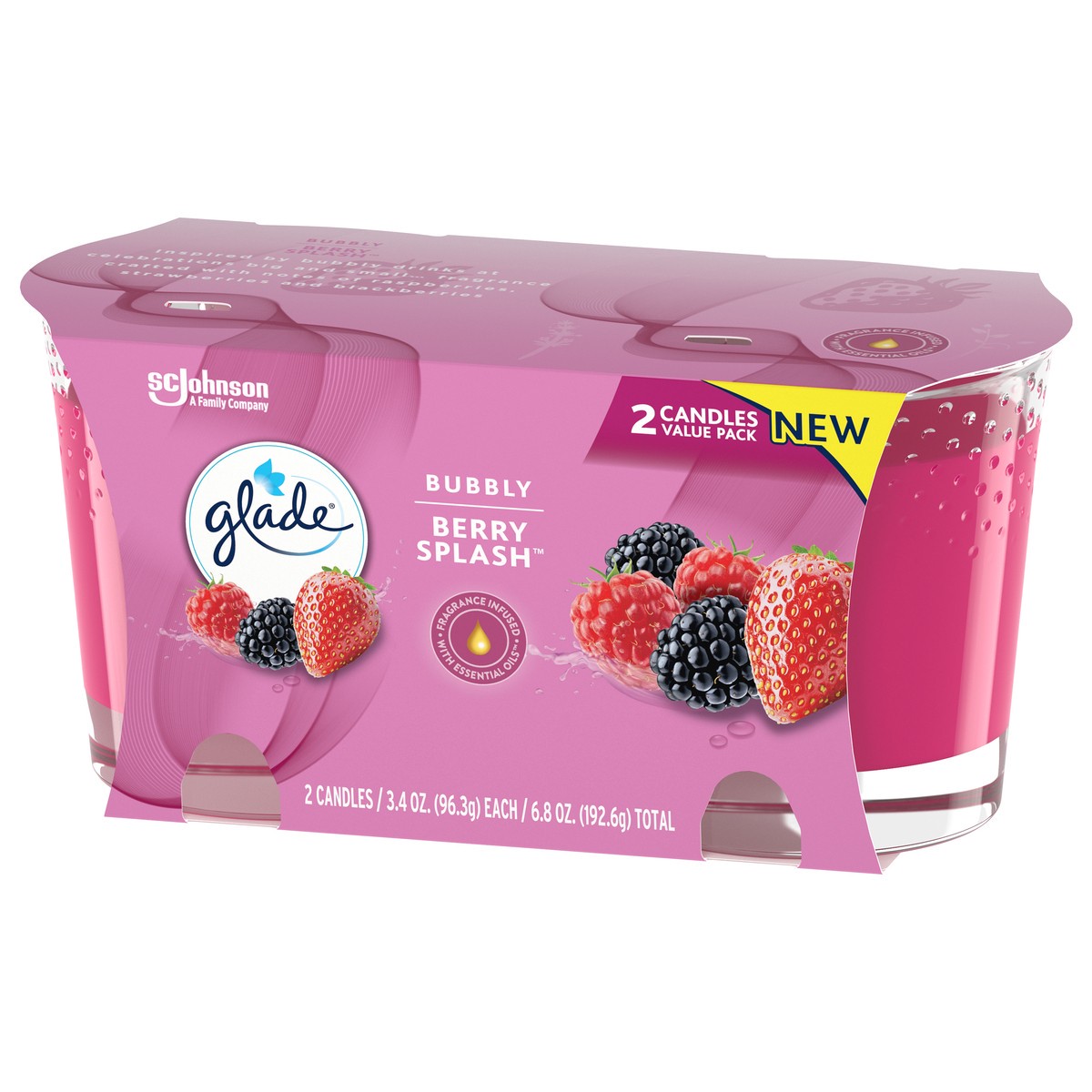 slide 7 of 7, Glade Scented Candle Jar, Bubbly Berry Splash, Fragrance Infused with Essential Oils, 3.4 oz, Pack of 2, 2 ct