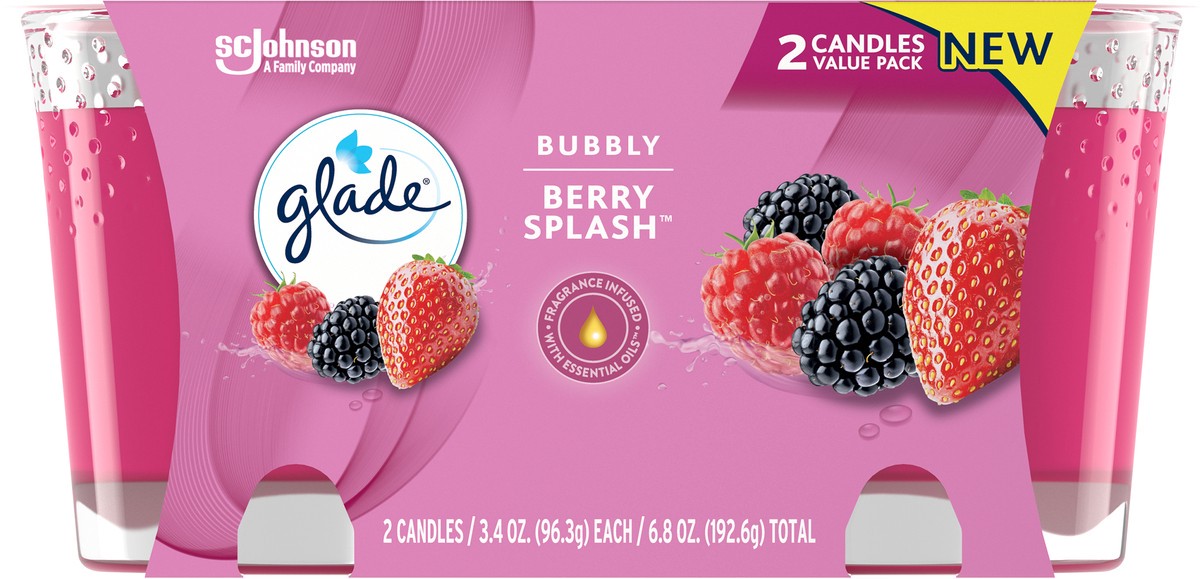 slide 4 of 7, Glade Scented Candle Jar, Bubbly Berry Splash, Fragrance Infused with Essential Oils, 3.4 oz, Pack of 2, 2 ct