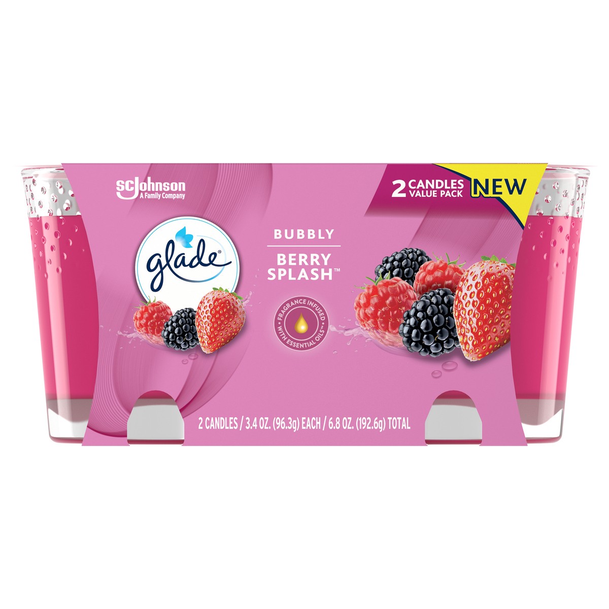 slide 6 of 7, Glade Scented Candle Jar, Bubbly Berry Splash, Fragrance Infused with Essential Oils, 3.4 oz, Pack of 2, 2 ct