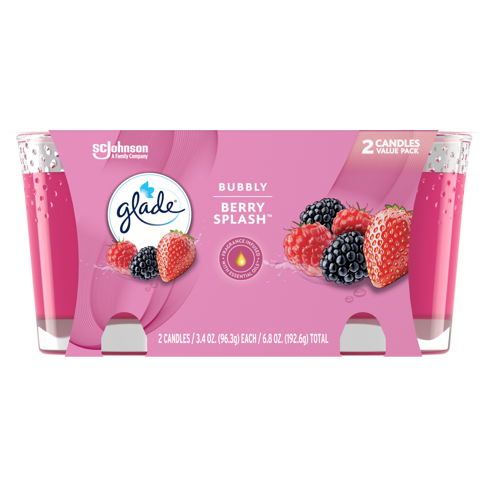 slide 1 of 7, Glade Scented Candle Jar, Bubbly Berry Splash, Fragrance Infused with Essential Oils, 3.4 oz, Pack of 2, 2 ct