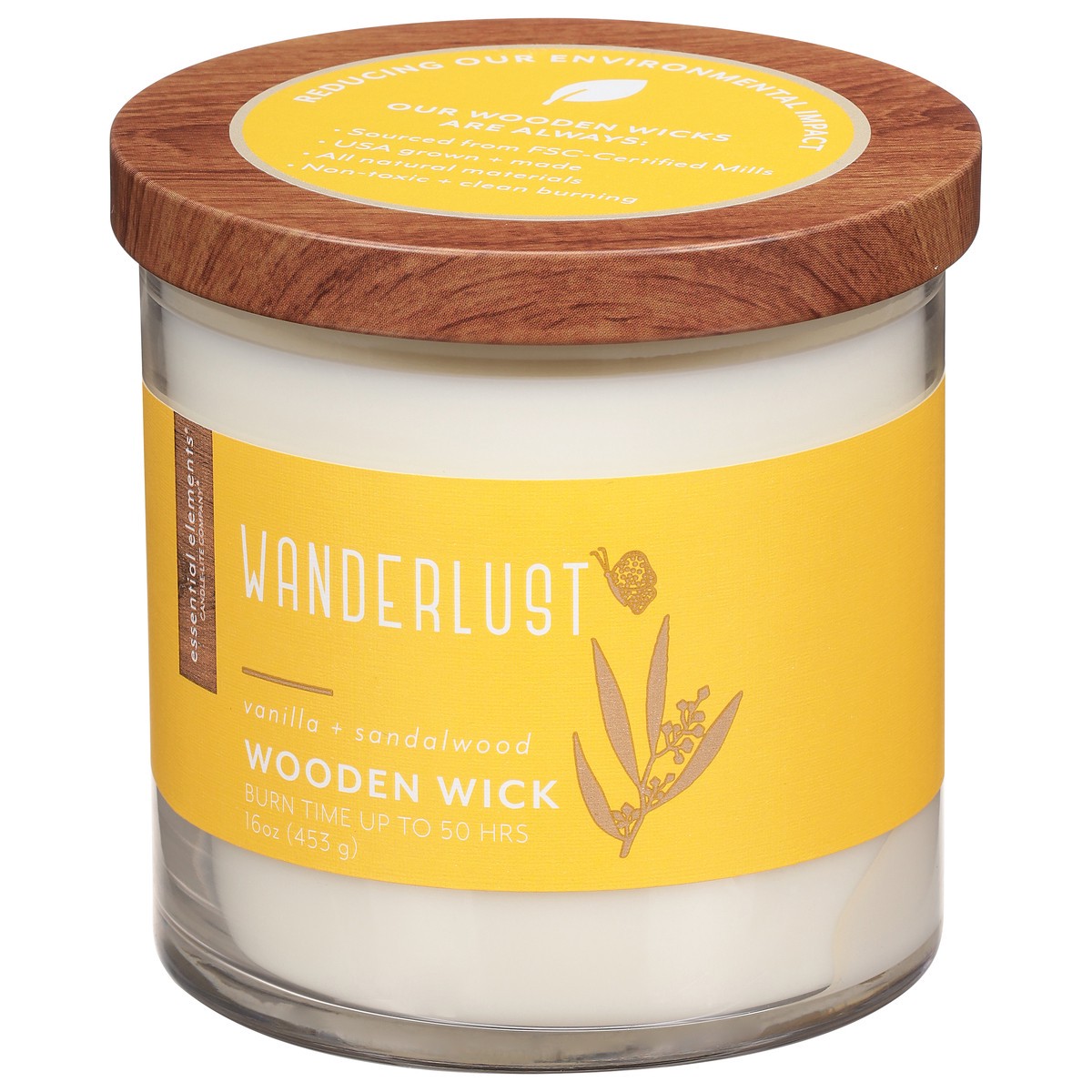 slide 3 of 9, Essential Elements Wanderlust Wooden Wick Vanilla + Sandalwood Candle 16 oz, 1 ct